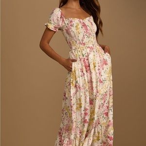 Lulus always so sweet cream floral puff sleeve maxi dress - size XL